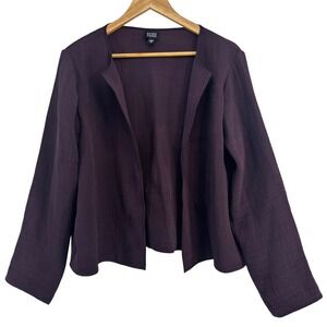 Eileen Fisher Women Silk Blend Boxy Jacket Crinkle Textured Open Front  L Purple